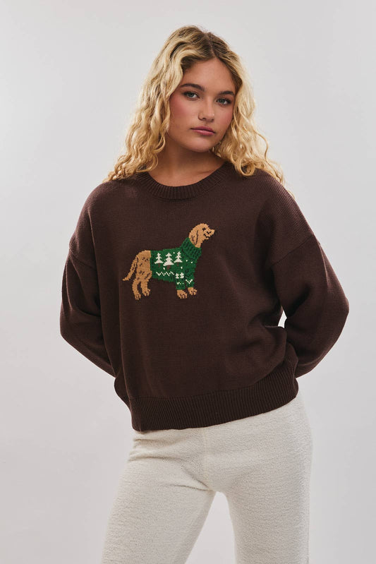 LONG SLEEVE CREW NECK DOG WITH SWEATER GRAPHIC SWEATER