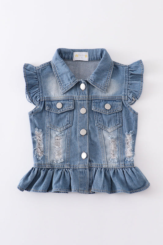 Girls - Ruffle Sleeve Denim Vest Honeydew