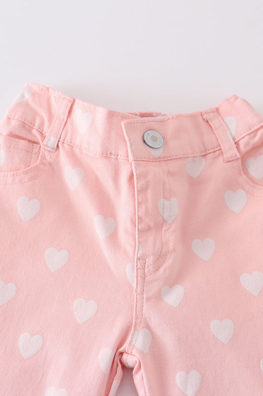 Girls - Pink Heart Print Denim Jeans Honeydew