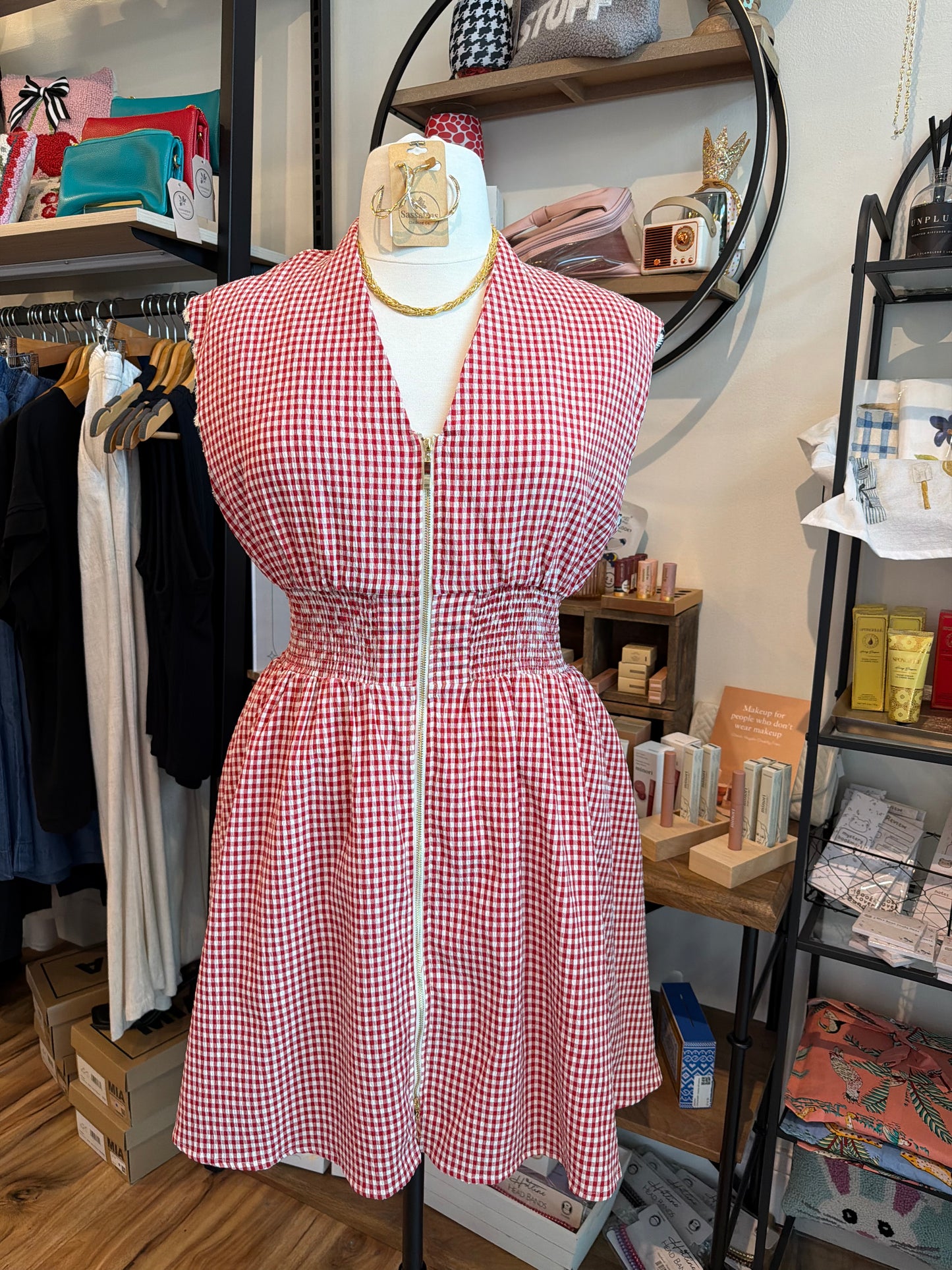 Short Rustic Zip Front Dress with Lace Cap Sleeve Detail