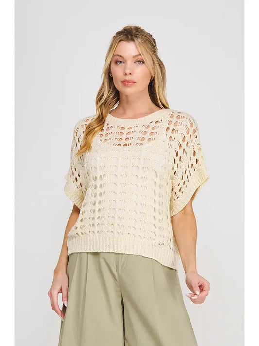 Short Sleeve Open Weave Lurex Sweater