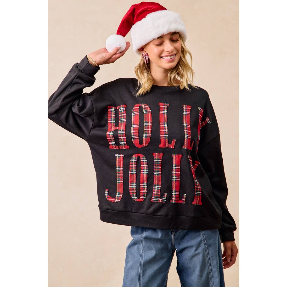 PLAID HOLLY JOLLY LETTERING CHRISTMAS SWEATSHIRT
