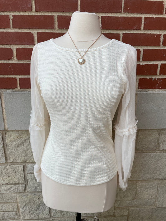 Mixed Media Textured Knit Chiffon Long Sleeve Top Mittoshop