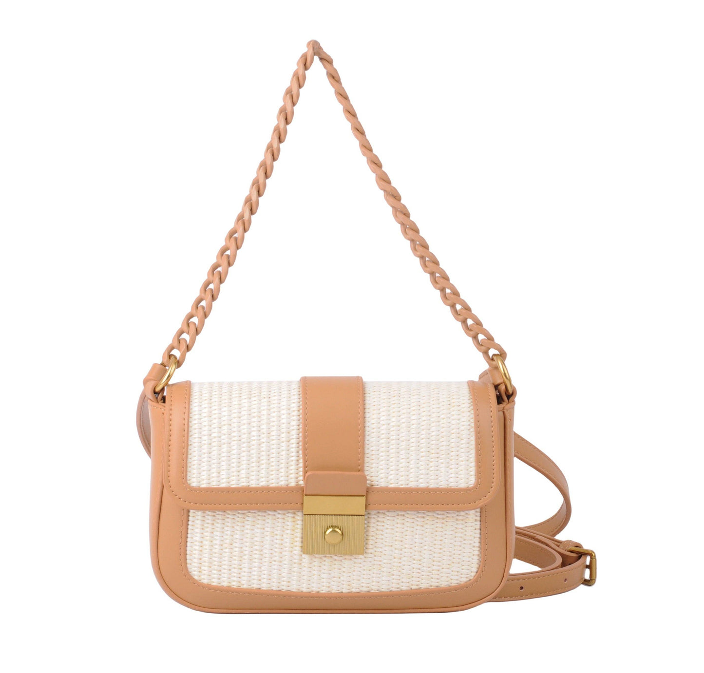 Raffia Crossbody Bag with PU Trims and Chain