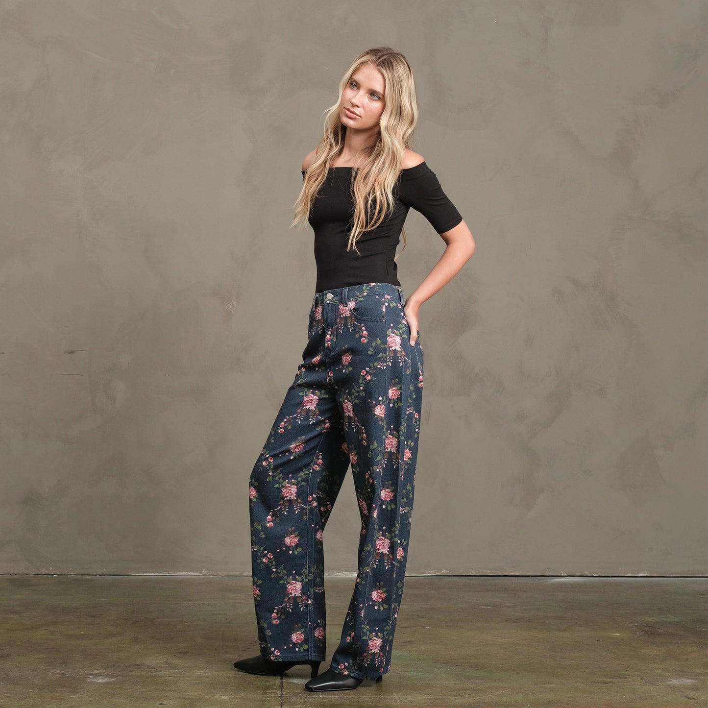 Floral Printed Denim Pants
