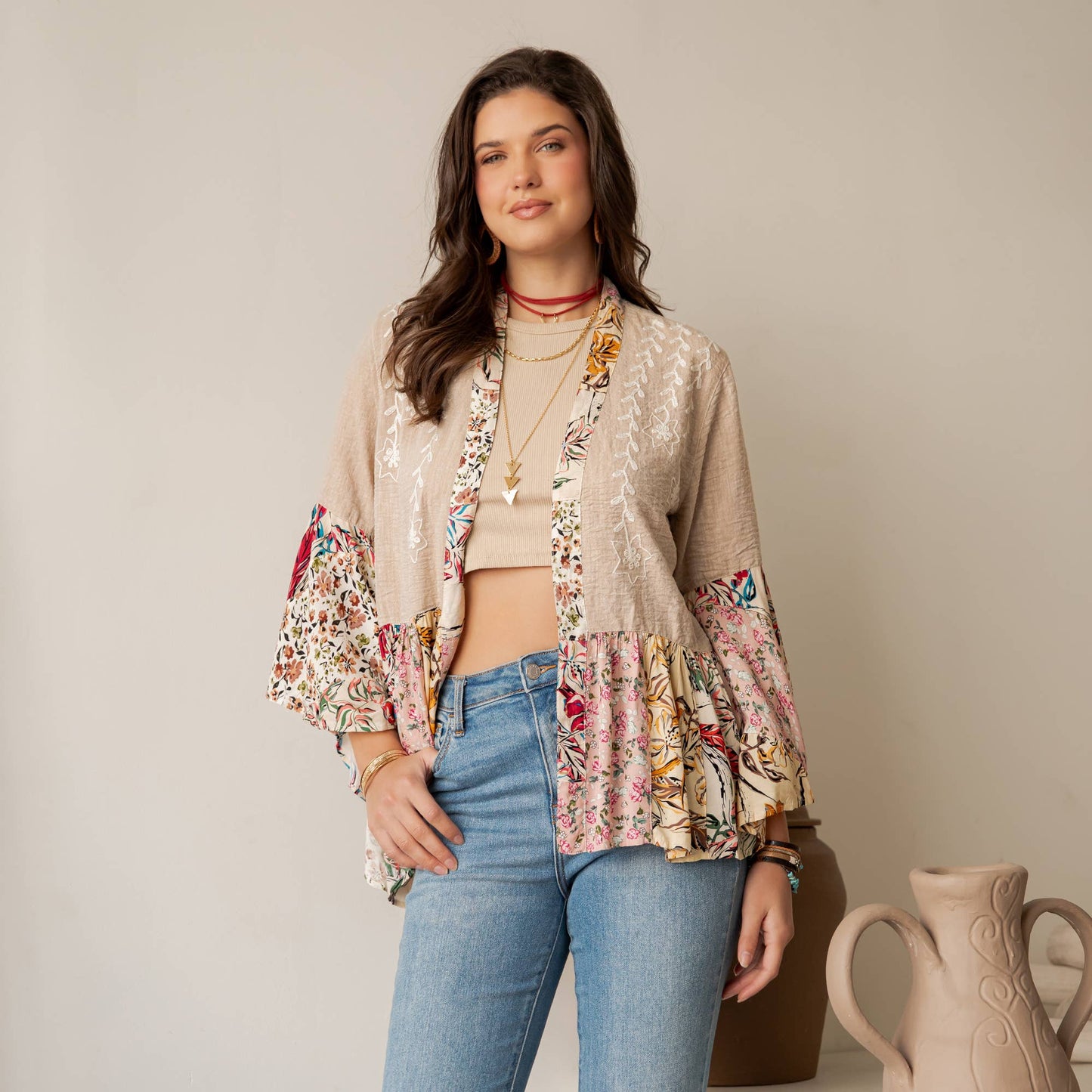 Boho Floral Embroidered Open Front Lace Trim Cardigan