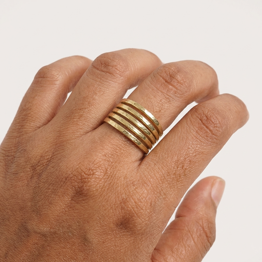 Gold Plated Adjustable Ring - Five Thick Bands