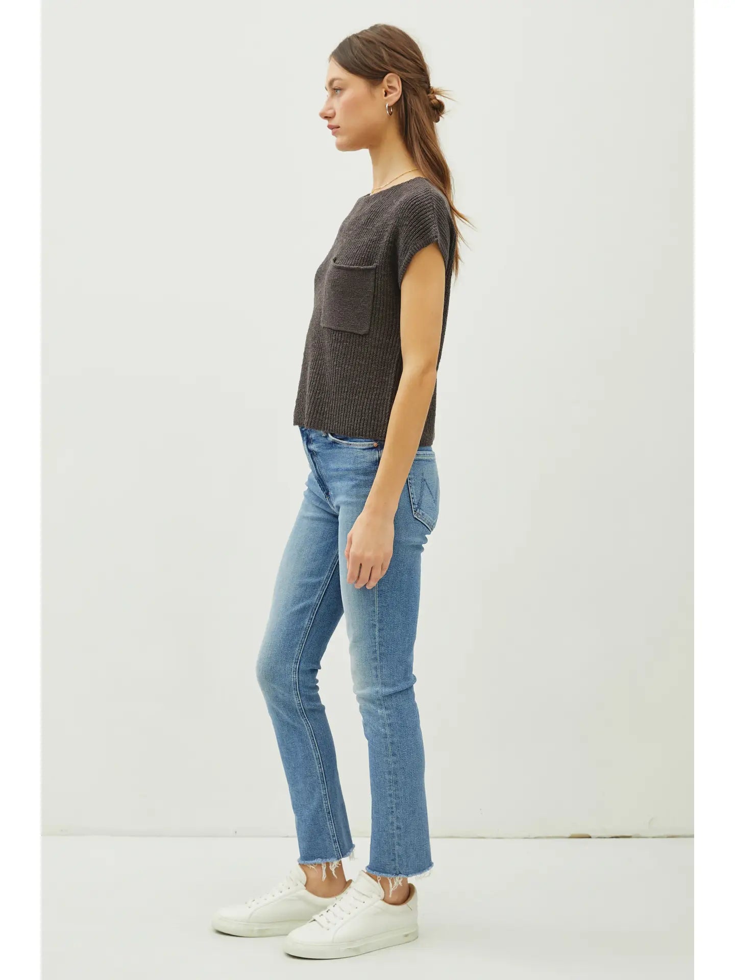 Patch Pocket Dolman Cap Sleeve Knit Top