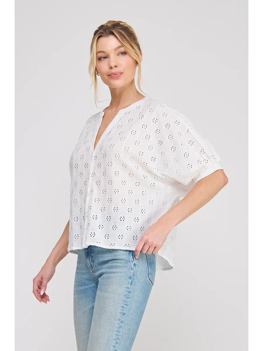 Knit Eyelet Split Mandarin Neck Blouse