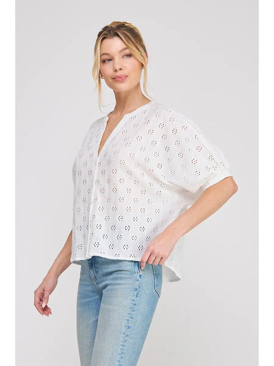 Knit Eyelet Split Mandarin Neck Blouse