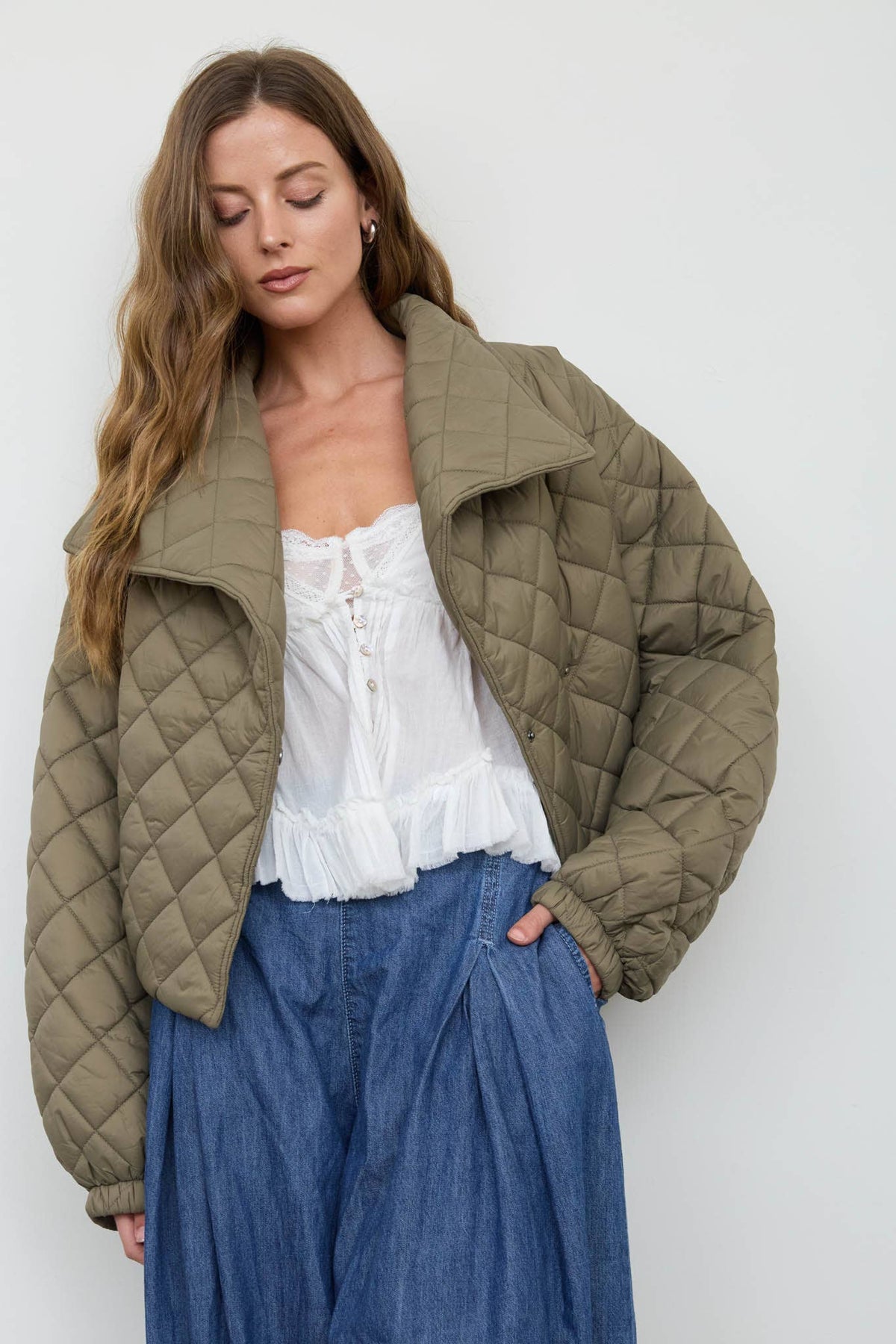 QUILTED SHAWL COLLAR CROPPED JACKET