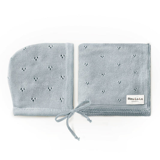 100% Organic Cotton Luxury Organic Blanket + Bonnet Hat Set Bleu La La