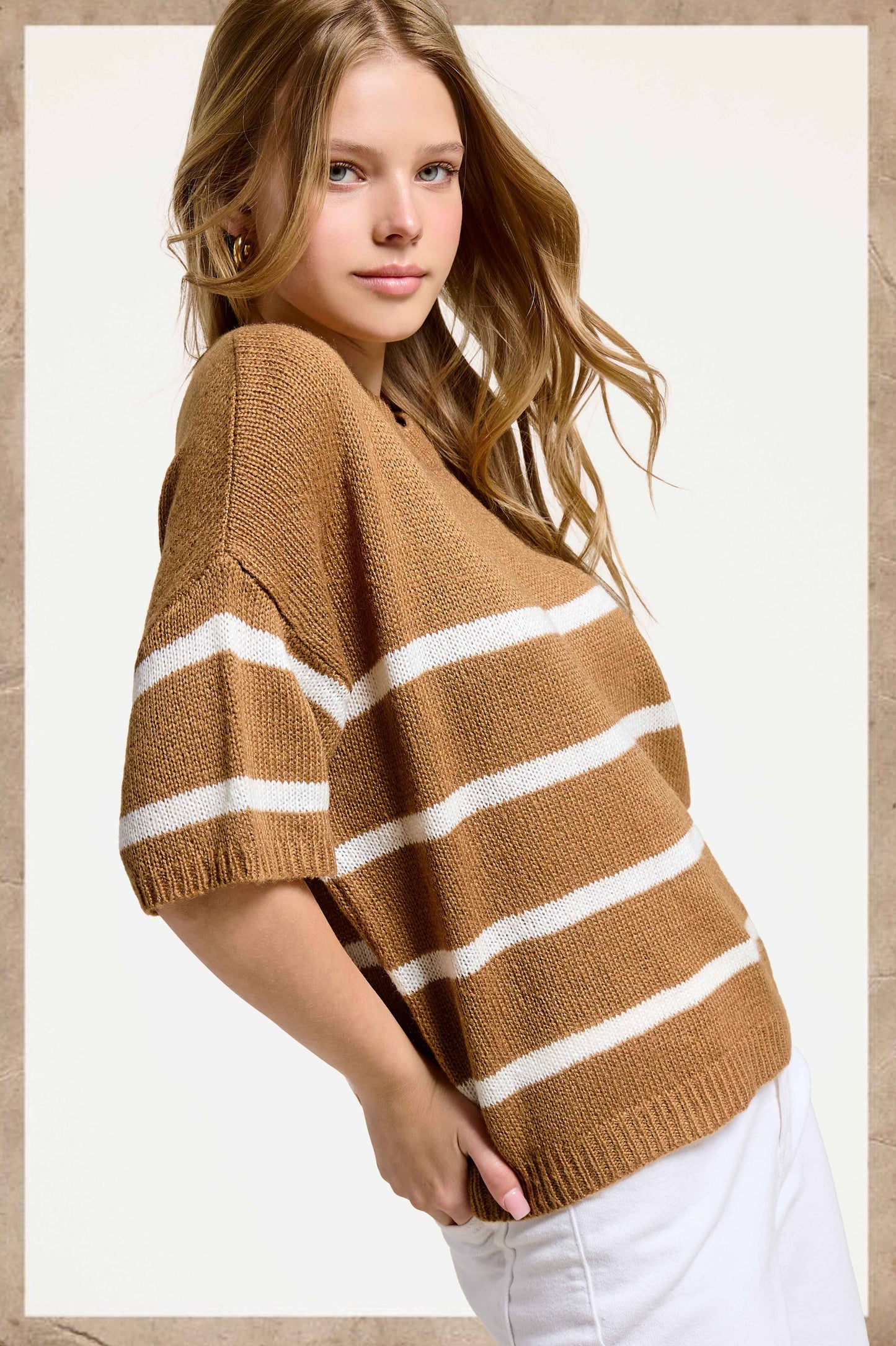 Striped Relaxed Knit Short Sleeve Boxy Sweater Top