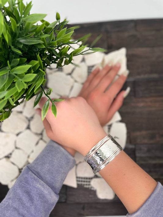 Silver Plated Adjustable Cuff Bracelet - Hammered and Bands