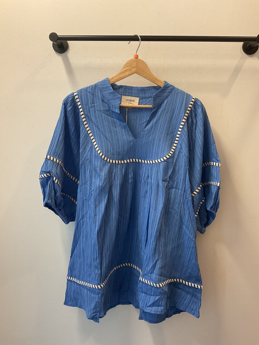 No Lining V-Neck Mandarin Collar Top with Piping Details
