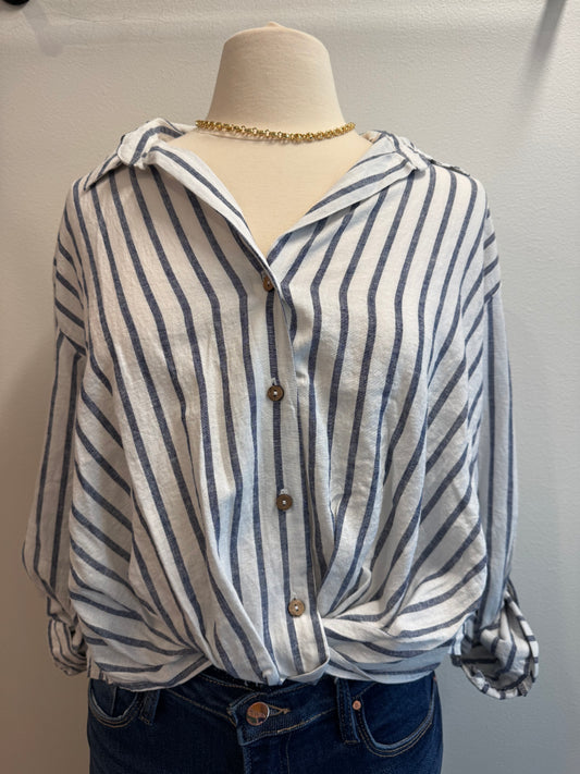 Striped Roll-up Long Sleeve Blouse