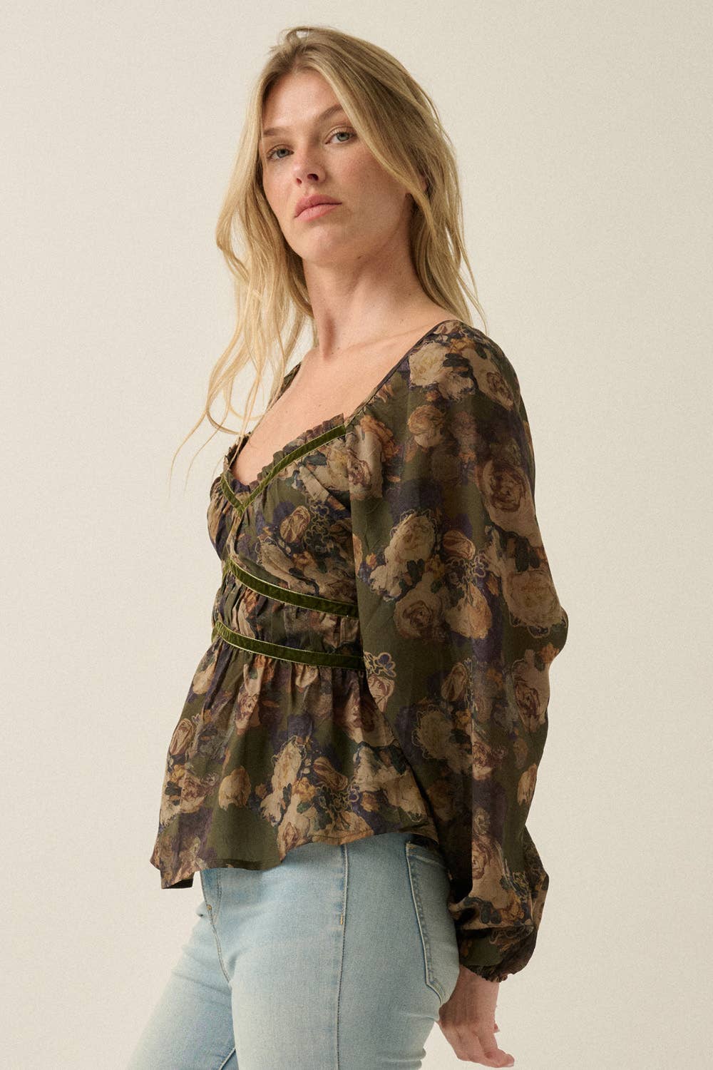 Floral-Print Velvet-Trim Babydoll Peasant Top