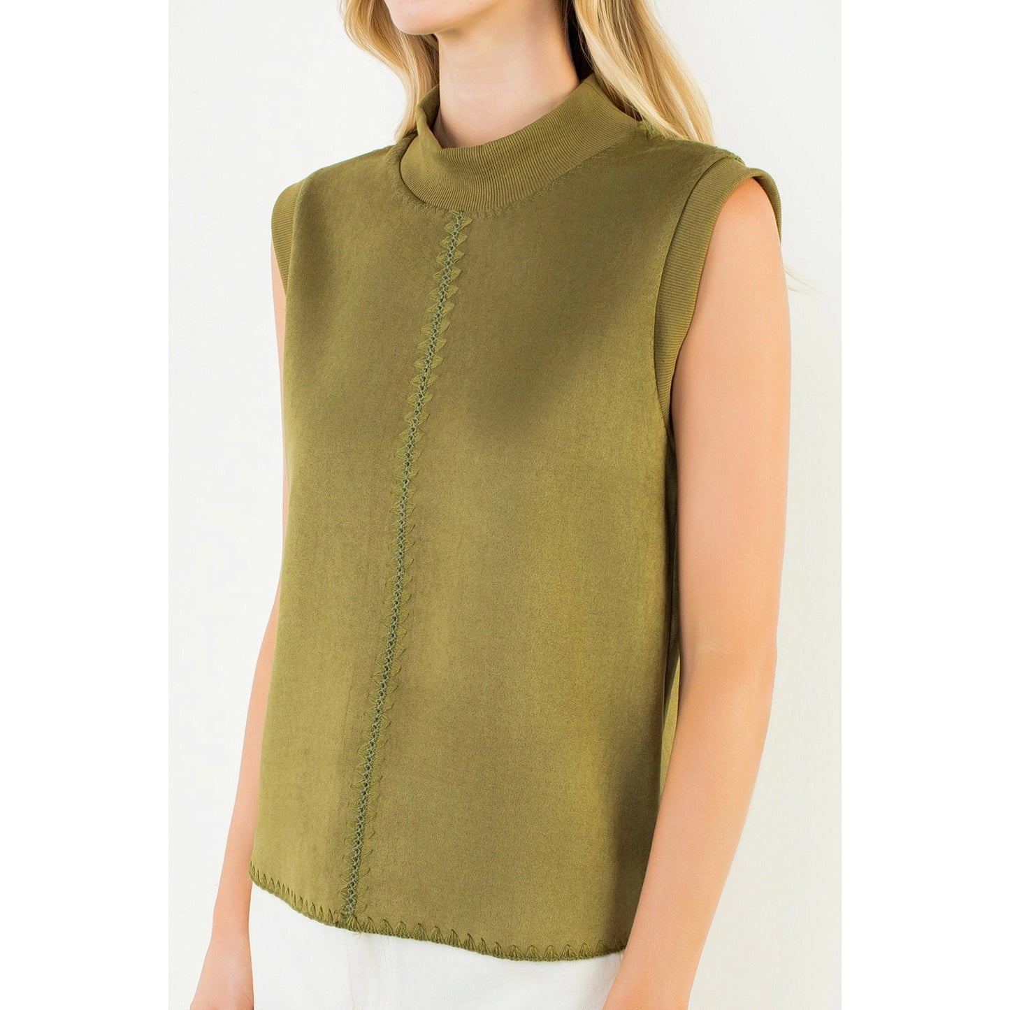 Sleeveless Suede Top with Stitch Detail