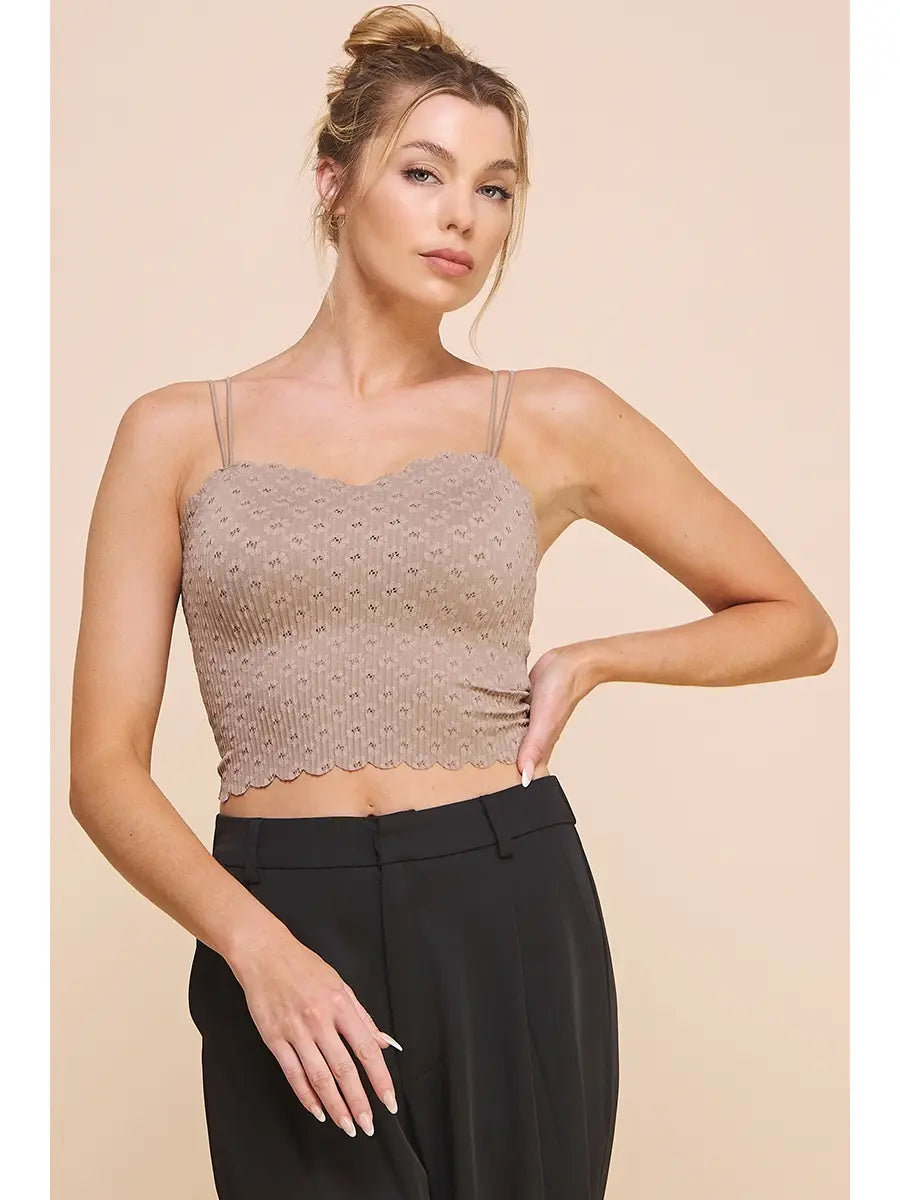 Laser Cut Scallop Edge Lace Bralette Cami With Adjustable Straps