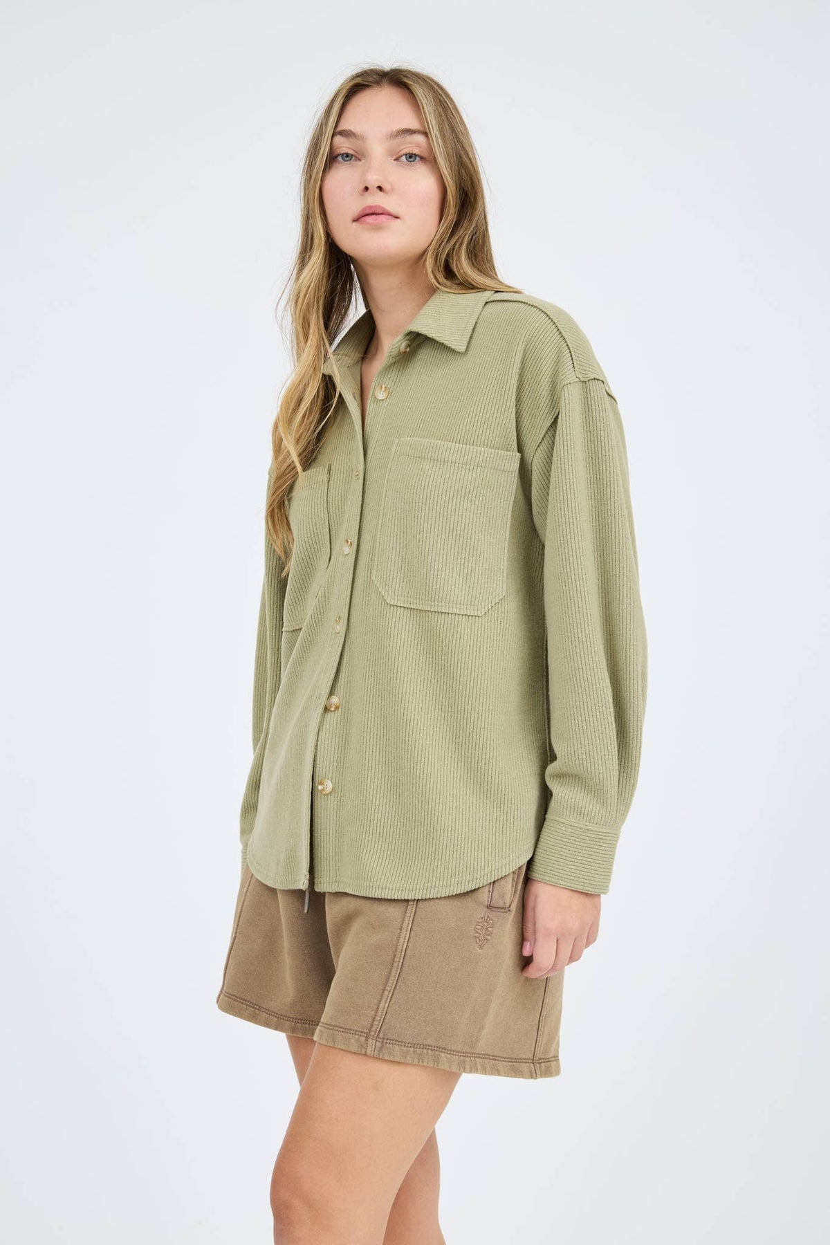 RIB KNIT EXPOSED SEAM BUTTON UP TOP