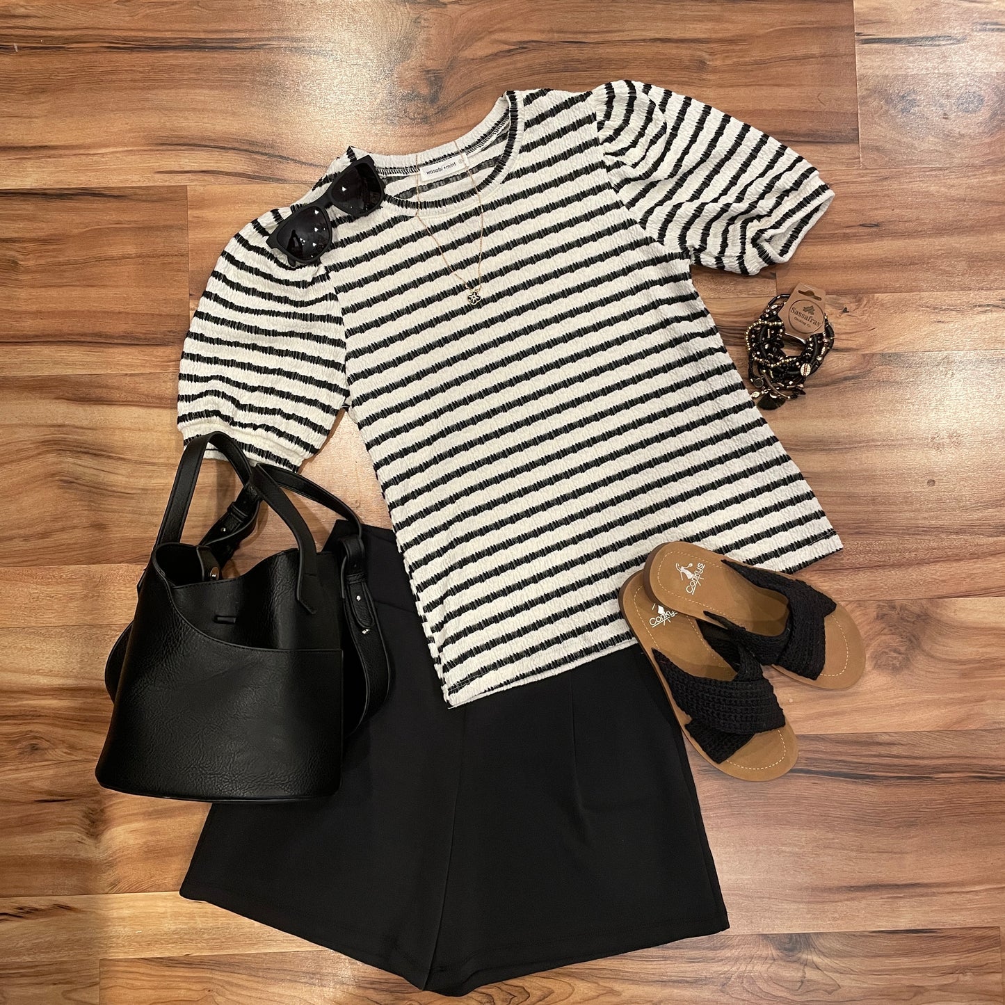 Striped Puckered Jacquard Puff Sleeve Top