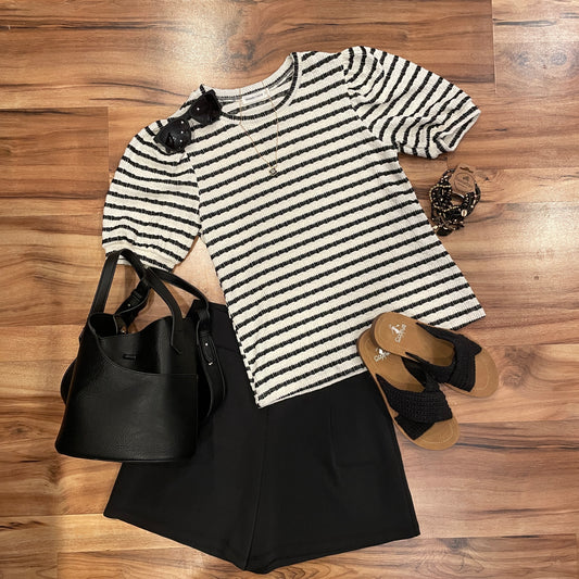 Striped Puckered Jacquard Puff Sleeve Top