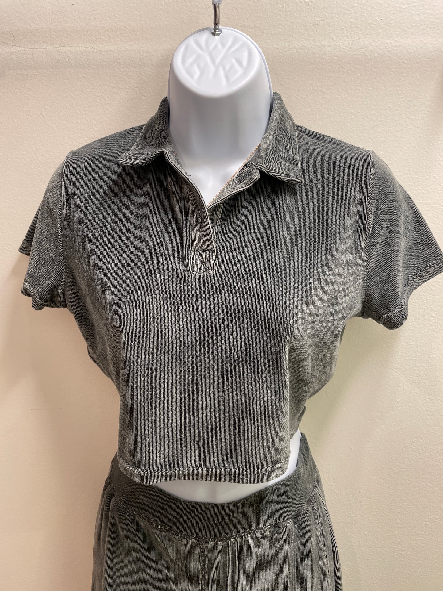 Velour Ribbed Crop Polo & High Waist Wide Leg Pant Set Kimberly C