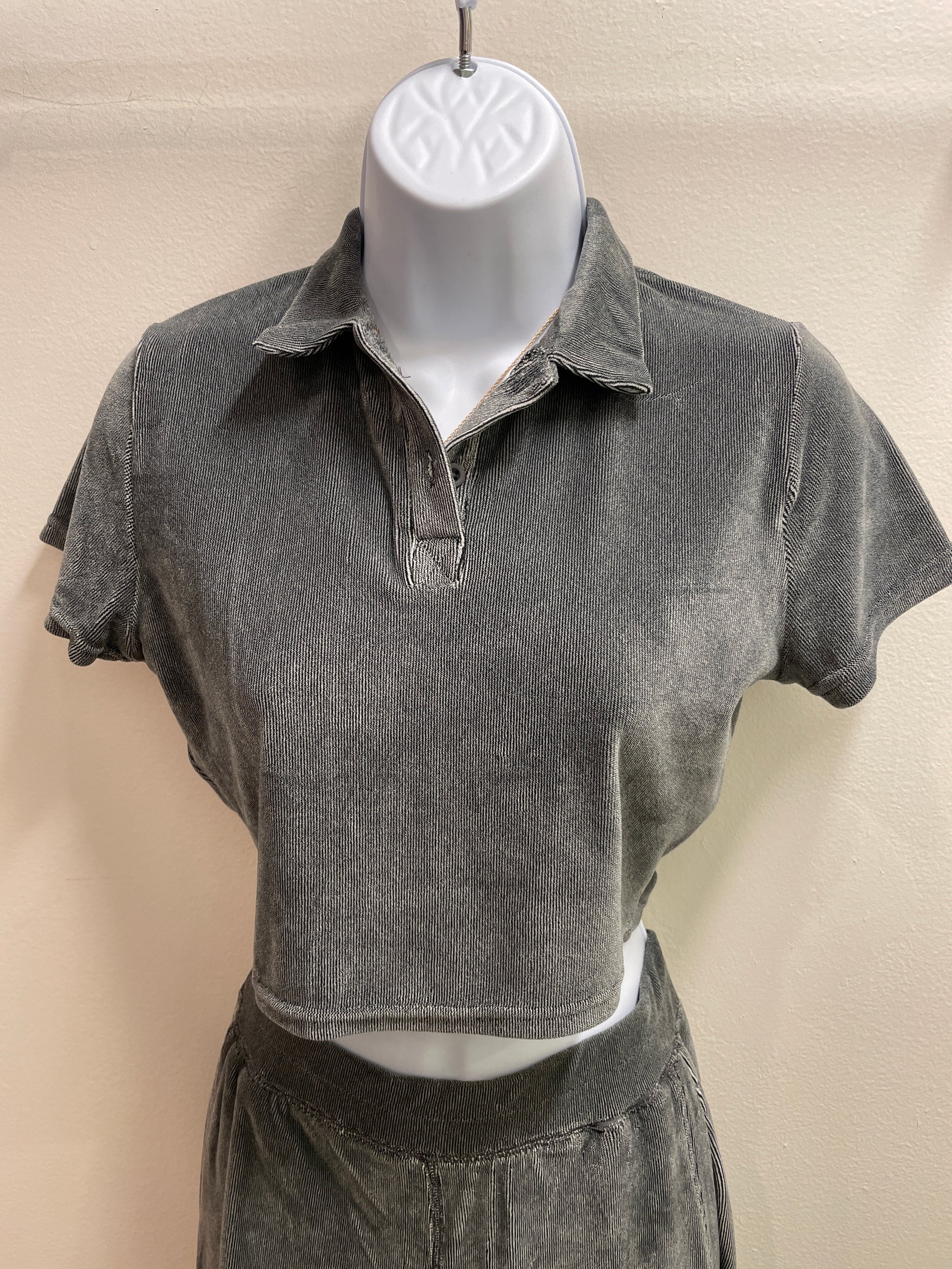 Velour Ribbed Crop Polo & High Waist Wide Leg Pant Set Kimberly C