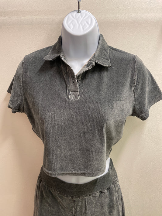 Velour Ribbed Crop Polo & High Waist Wide Leg Pant Set Kimberly C