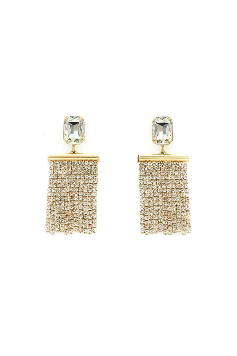 Gold Crystal with Rhinestone Crystal Tassel Chain 2" Earring WHAT'S HOT