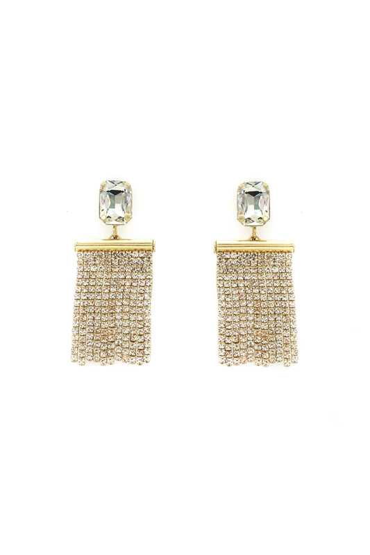 Gold Crystal with Rhinestone Crystal Tassel Chain 2" Earring WHAT'S HOT