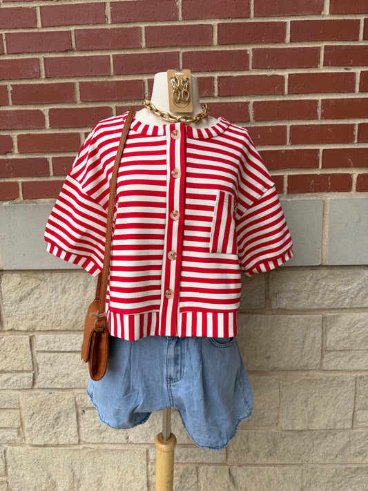 Stripe Pattern Short Sleeve Button Down Knit Top