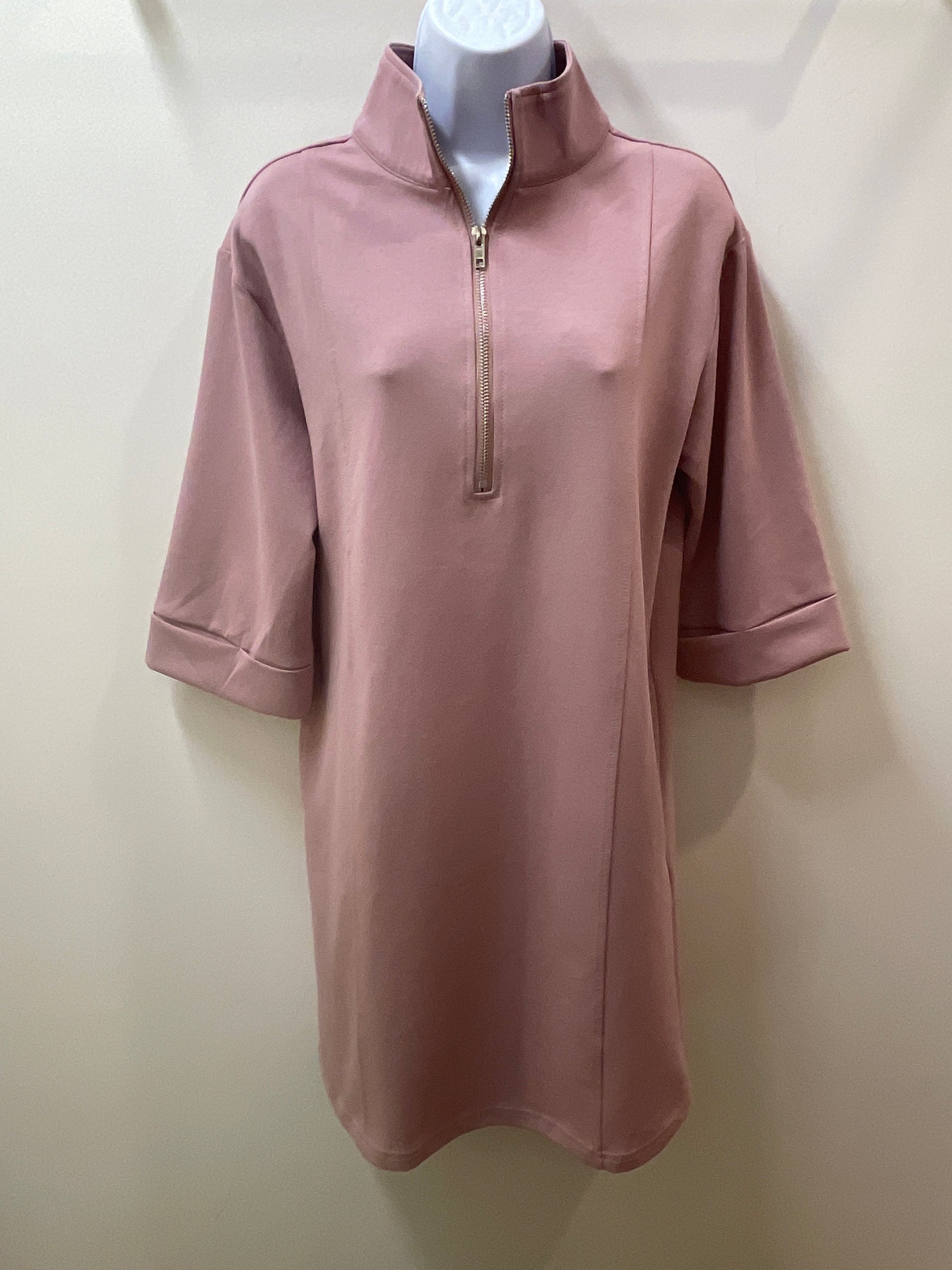 Short Sleeve Half Zip Scuba Knit Dress with Pockets Large Short Sleeve Half Zip Scuba Knit Dress with Pockets Large