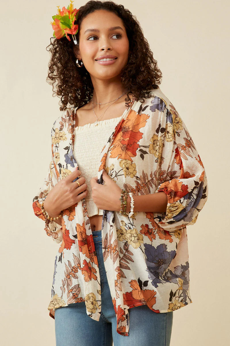Textured Floral 3/4 Sleeve Open Kimono Hayden LA