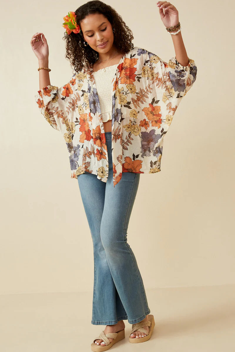 Textured Floral 3/4 Sleeve Open Kimono Hayden LA