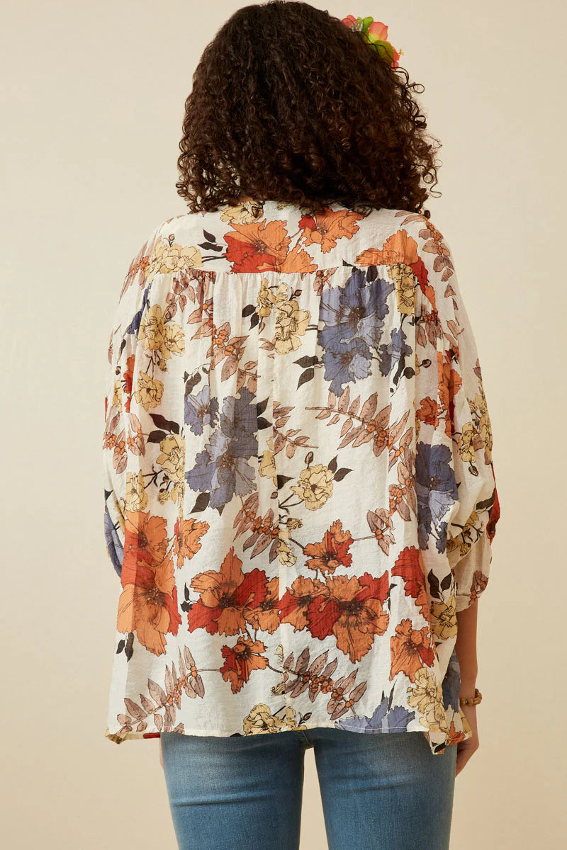Textured Floral 3/4 Sleeve Open Kimono Hayden LA