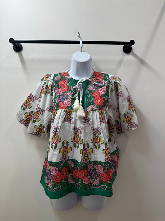 Puff Sleeve Floral Tassel Tie Top