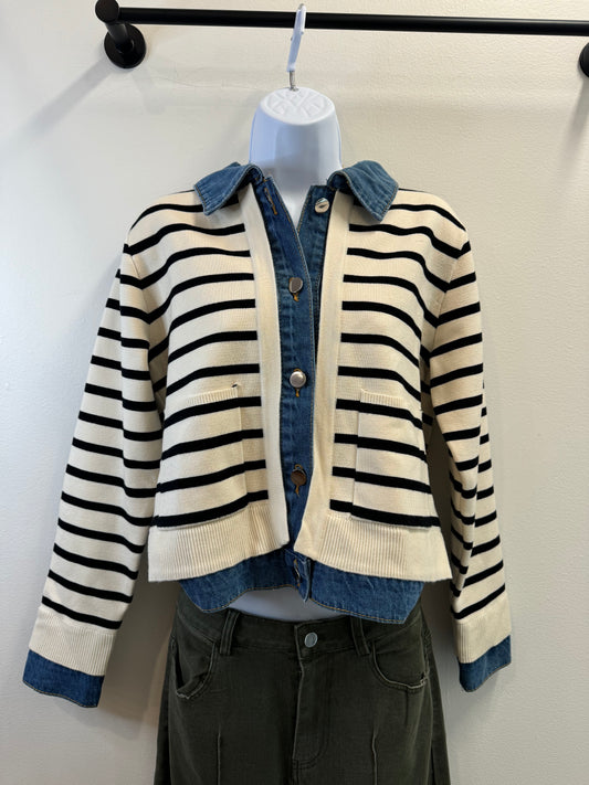 Stripe Cardigan with Denim Details Entro