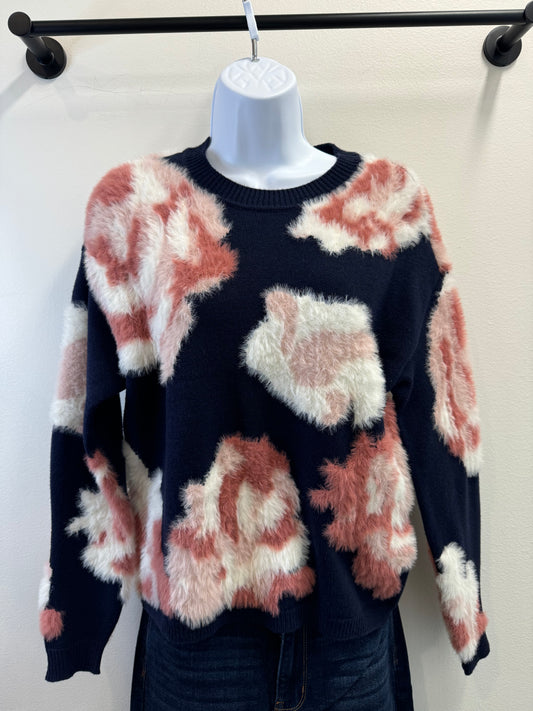 Hairy Yarn Floral Jacquard Crew-Neck Drop-Shoulder Sweater Charlie B