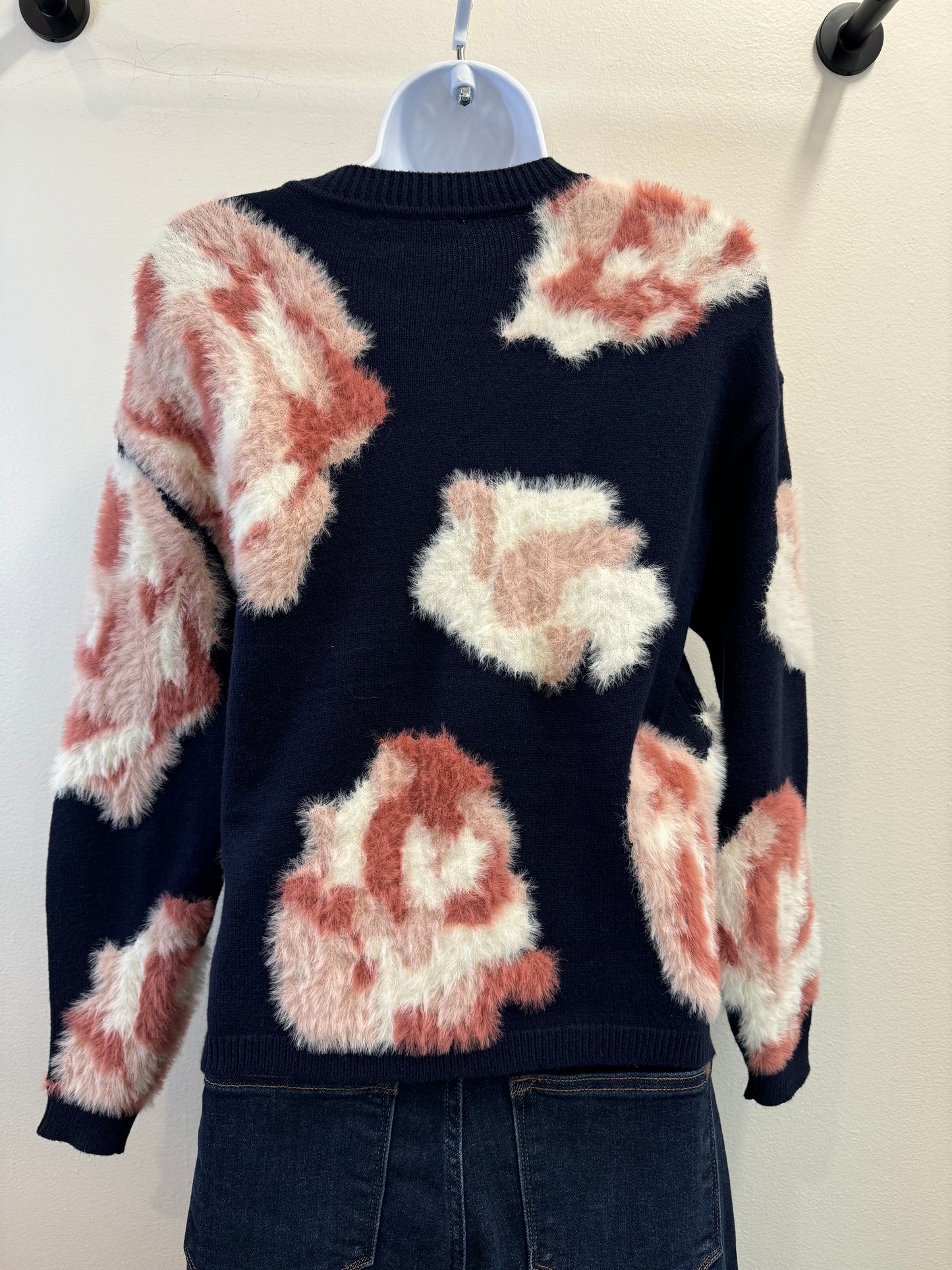 Hairy Yarn Floral Jacquard Crew-Neck Drop-Shoulder Sweater Charlie B