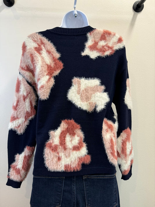 Hairy Yarn Floral Jacquard Crew-Neck Drop-Shoulder Sweater Charlie B