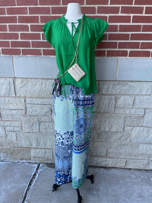 Wide Leg Print Pants with Elastic Waist