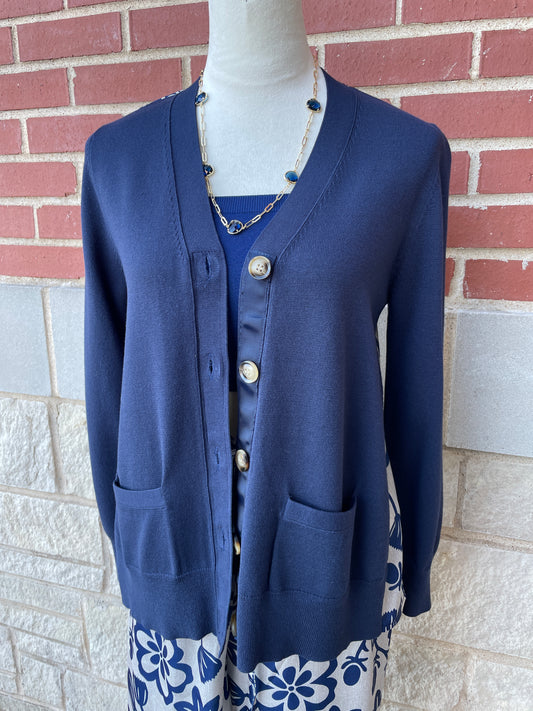 Button Down Long Sleeve Cardigan with Woven Back