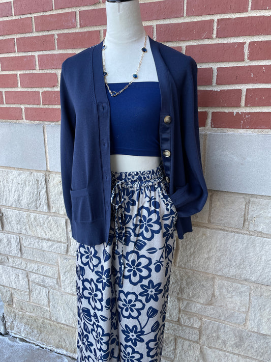 Button Down Long Sleeve Cardigan with Woven Back