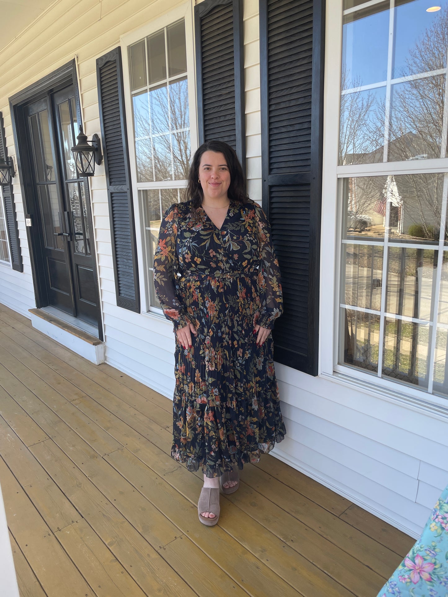 Long Sleeve Chiffon Pleated Maxi Dress