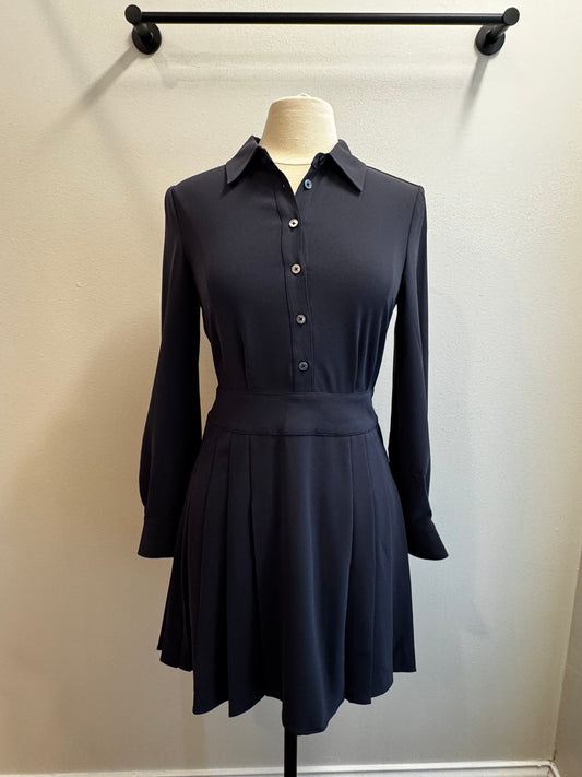 Long Sleeve Button Down Mini Dress with Pleated Skirt