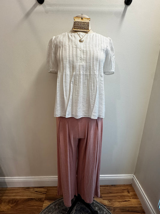 Round Neck Button Front Pleated Top