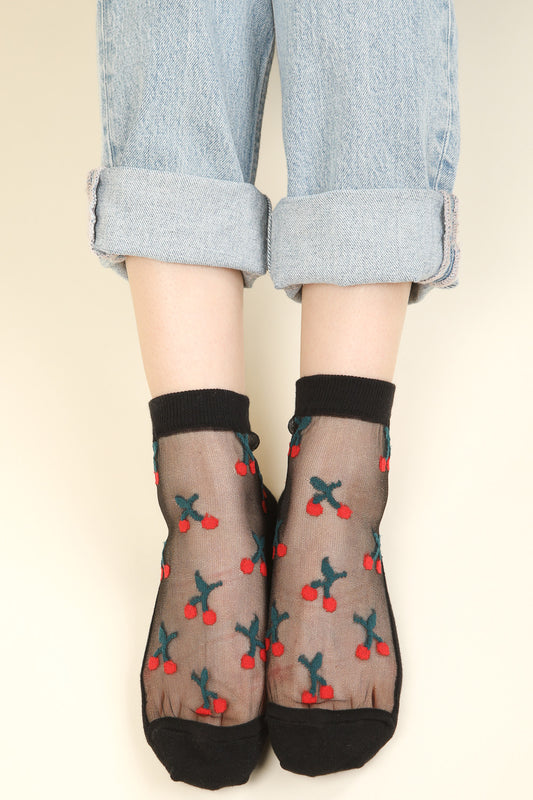Cherry Embroidered Mesh Ankle Socks Very J