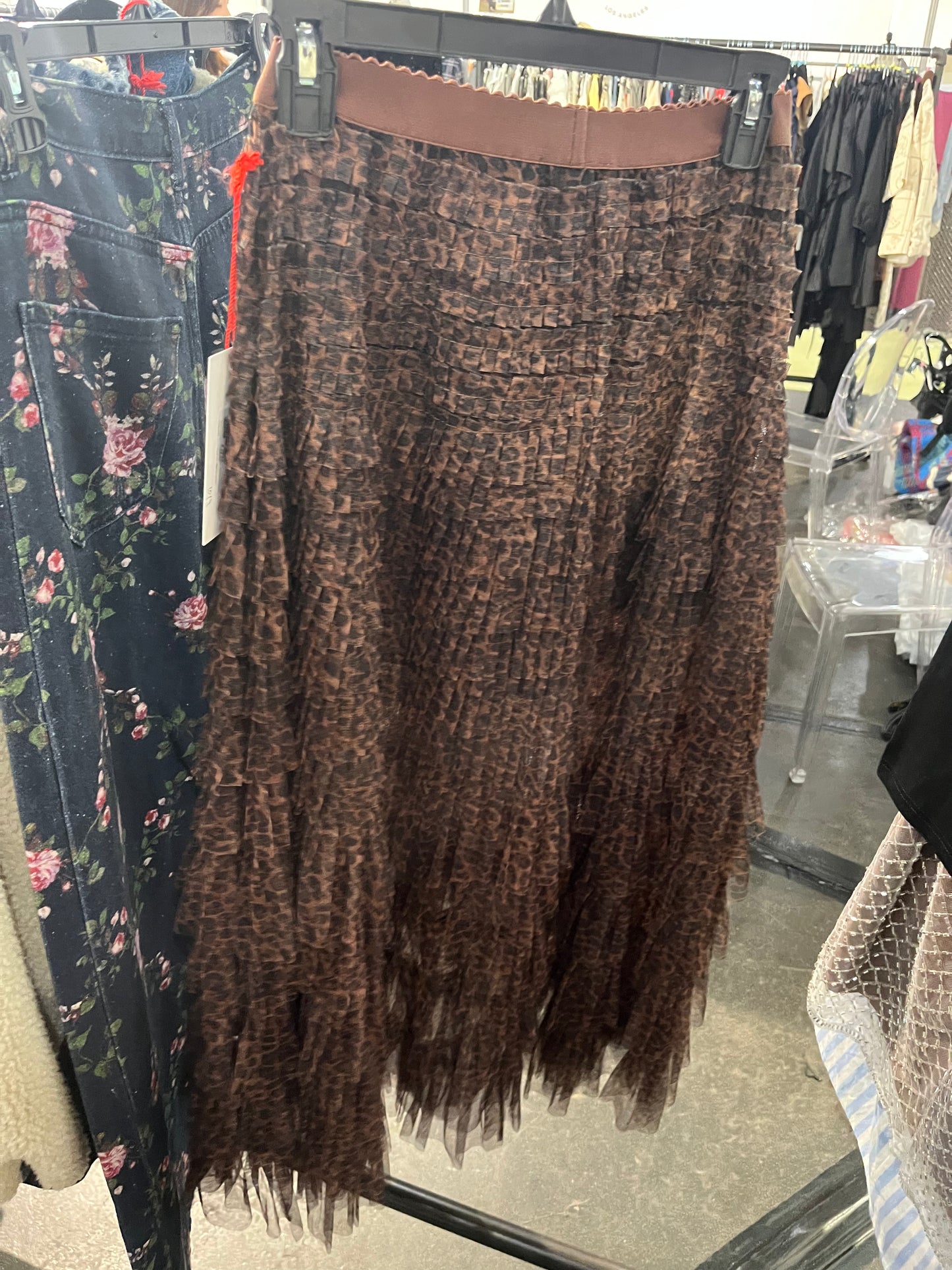 Leopard Mesh Tiered Skirt with Elastic Waist