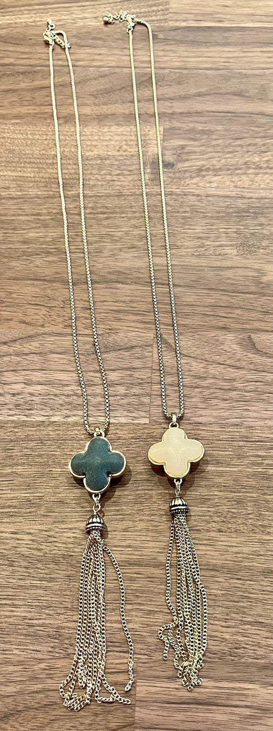 Natural Stone Clover Tassel Pendant Necklace Sassafras Clothing Co.